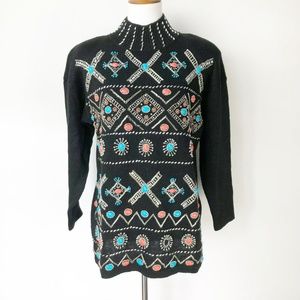 Vintage Women's Sweater Black Beaded Small Western